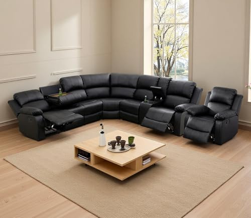 Caberryne Leather Reclining Sectional Sofa Set with 3 Manual Recliners, 7-Seat L-Shaped Corner Couch and Chair with Coffee Table/Storage/Cup Holders for Living Room/Home Theater/Office(Black)