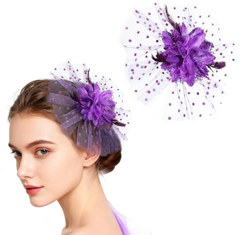 MWOOT Feather Flower Hair Clip, 1920s Fascinator Feather Veil Hairpin for Women, Purple Floral Mesh 20s Hair Jewelry for Carnival Halloween Cocktail Wedding Tea Party Accessories