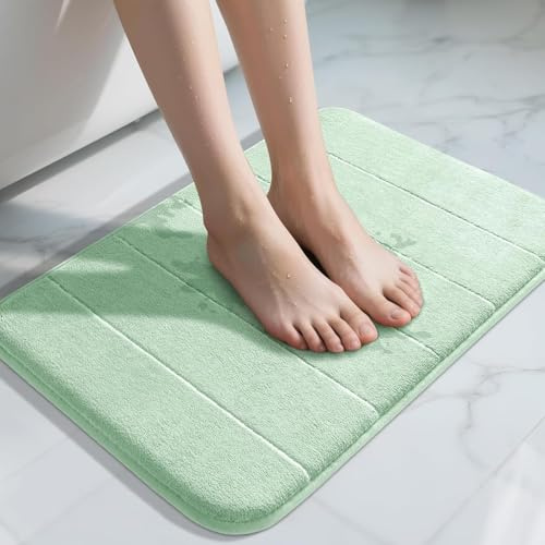 Yimobra Memory Foam Bath Mat, Soft and Comfortable, Super Water Absorption, Non-Slip, Thick, Machine Wash, Easier to Dry for Bathroom Floor Rug, 43 x 61 cm, Pale Green