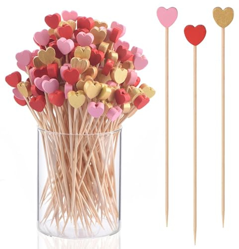 LQTSLFM 100 Pezzi Atuzzicadenti Cuori, Stecchini per Aperitivo Cuori, Stuzzicadenti Feste in Legno Cuore per Torte Frutta Dessert Cibo San Valentino e Matrimoni (Rosso Rosa Giallo-C)