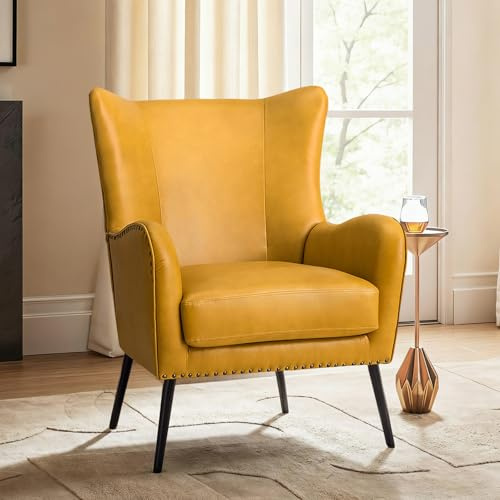 The support you need Upholstered Faux Leather Accent Chair with Black Metal Legs, Comfy Armchair with Removable Cushion & Nailhead Trim Wingback Vanity Chair for Reading Living Room Bedroom