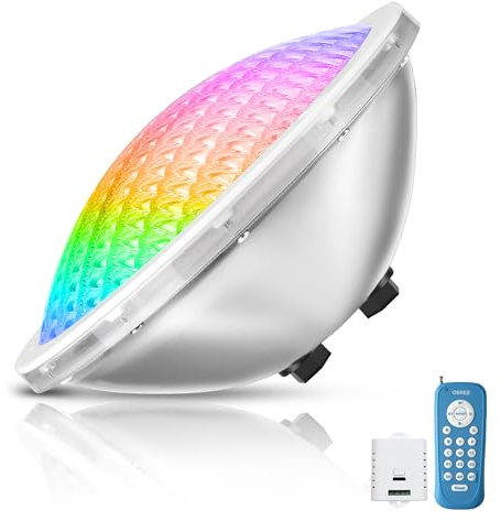 OSREE Foco Piscina LED PAR56 Sumergible, 30W RGB Lámpara de Piscina Regulable Cambio Color 1200lm, Temporizador 2/4/6H, Acero Inoxidable 316 Iluminación para Piscinas con Remoto, 12V AC
