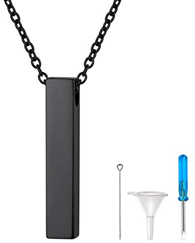Richsteel Colgante Barra rectangular Relicario Perfume Urna cremación cenizas amor querido, Joya Hombre Mujer, Acero inoxidable chapado en Negro, Cadena ajustable 20 pulgadas, servicio personalizable