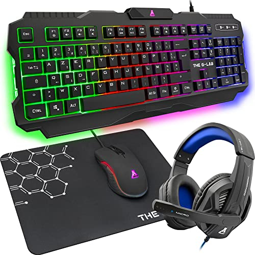THE G-LAB Combo ARGON E - Ensemble Gaming 4 en 1 - Clavier Gamer AZERTY Rétroéclairé, Souris Gamer 3200 DPI, Micro Casque Gaming, Tapis de Souris Antidérapant - Version Française