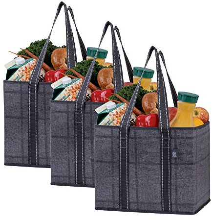 VENO 3 Pack Reusable Grocery Bag, Shopping Cart Bag, Trunk Organizer, Storage Box, Heavy Duty Tote, Hard Bottom, Stands Upright, Collapsible, Water-Resistant, Large Size (Black/Windowpane - Set of 3)