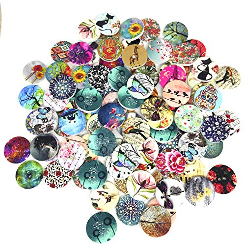 100 Stück runde Holzknöpfe Vintage – 2 bunte Löcher zum Nähen, Basteln, Malen, Dekorieren, Scrapbooking – Geschenk für Kinder