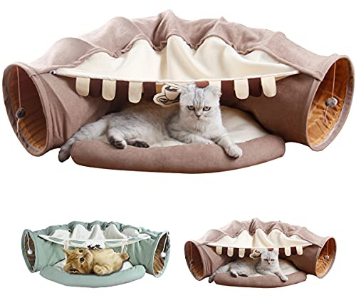 LEFTSTARER 2-in-1 Collapsible Cat Tunnel for Indoor Bed and Hideout - Pet Dog Rabbit Bunny Ferret Tunnel Tubes Toys with Removable Washable Mat, Tower Wheel Stuff