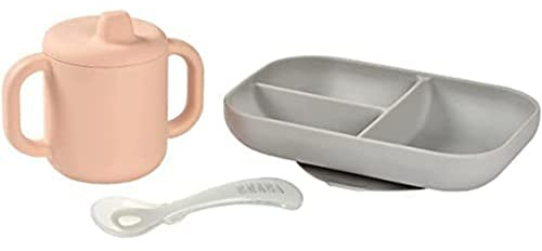 Béaba, Set Pasti per Bambini in Silicone, 3 Pezzi, Piatto Diviso + Tazza + Cucchiaio, Silicone Sano e Durevole, Lavabile in Lavastoviglie, Adatto a Microonde, Rosa