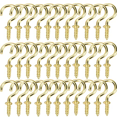 xiaozhenjida 50 Pcs Screw-in Ceiling Hooks Screw Hooks Cup Hooks Nickel Plated Hooks for Cabinet Shelf Gold 1 inch(Gold)