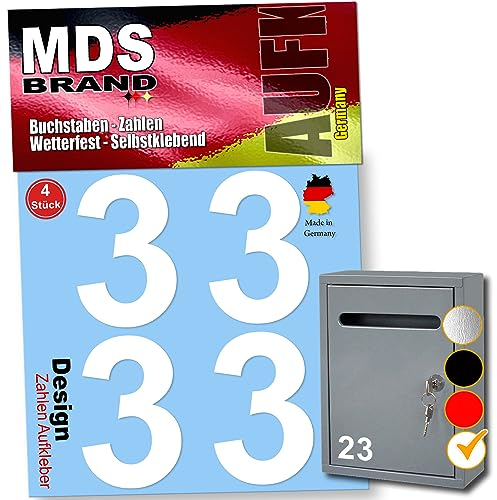 MDS Brand 5cm Design Zahlen Aufkleber Selbstklebende Klebezahlen | Vinyl Hausnummern zum Aufkleben für Briefkasten, Mülltonnen, Hausnummer für Außen & Innen (Weiss, 3)