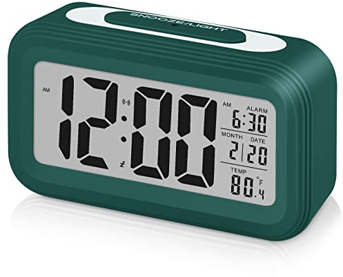 Sarsumir Sveglia Digitale, Sveglia da Comodino Silenziosa Smart a Batteria con Luce Notturna LED Orologio Digitale con Funzione Snooze Data Temperatura per Bambini Ragazza Ragazzo, Verde Scuro