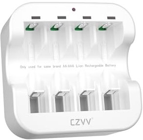 czvv Caricatore di Batterie Ricaricabili Litio 1,5V, 4-Slots per Pile AA AAA, Funzione di Ricarica Rapida, Ingresso di Tipo C, Ricarica rapida 2H, Protezione da Sovraccarico (Bianco)