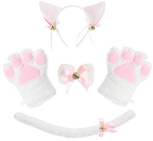 Ranuw For Cat Cosplay Costume 5Pcs Kitten Tail Ears Collar Paws Gloves Gothic Maid Halloween Masquerade Accessori Half Glove
