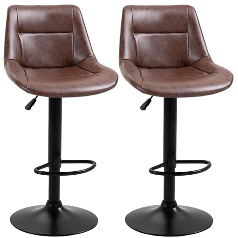 HOMCOM Barhocker 2er Set Barstuhl mit Rückenlehne, Tresenhocker höhenverstellbar, drehbarer Bistrohocker mit Fußstütze, Kunstleder, Stahl, Braun