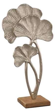 LB H&F Ginkoblatt Skulptur Dekobjekt 39cm Deko Ginko Holz Metall Silber Pflanze zum hinstellen Natur (Pflanze)