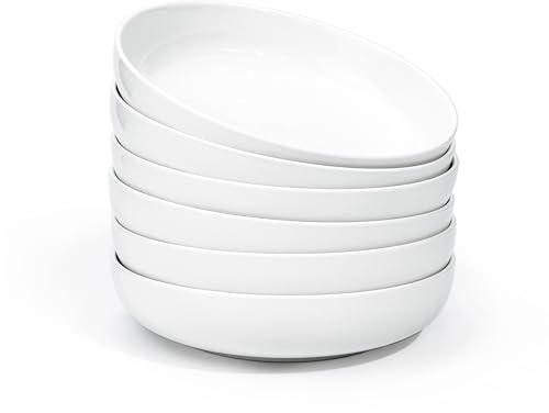 Jassceram 8.5 Inch Pasta Bowls Set of 6, 36 Oz Porcelain Salad Serving Bowls, Large Wide Pasta Plates for Kitchen, Round Dinnerware Dishes - Dishwasher, Microwave, Oven Safe, 21.5cm, Off-White