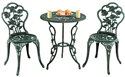 COSTWAY Bistroset 3 delar, bistrobord med 2 stolar och paraplyhål, set med trädgårdsmöbler, balkongmöbler av gjuten aluminium, balkongset, trädgårdsdekor, sittgrupp för trädgård, terrass, balkong
