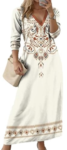 Robe Ethnique Imprimée Occidentale des Femmes Mode Rétro Imprimé Festival Ethnique Robe Décontractée Nouvelle Robe À Manches Longues Col en V Plus Robe Blanc L