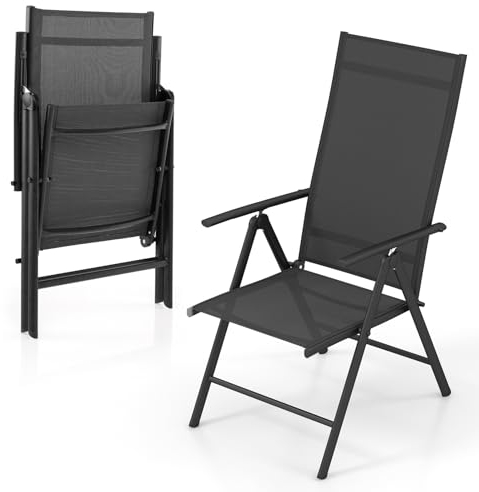 COSTWAY Gartenstuhl Hochlehner, Klappstuhl mit 7-Fach Verstellbarer Rückenlehne, klappbarer Balkonstuhl bis 180 kg belastbar, Terrassenstuhl für Garten, Terrasse, Balkon (Schwarz)