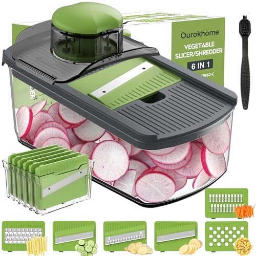 Ourokhome Mandolin Food Slicer, Hand Safe Kitchen Vegetable Shredder with 6 Mandoline Blades, Veggie Waffle Cutter for Potato, Carrot, Zucchini, Onion, Essential Kitchen Gadgets (6 in 1, Gray)