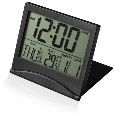Folding Digital Travel Alarm Clock with LCD Display, Foldable Desk Top Clock with Day, Date and Temperature Indication, Battery Operated Small Digital Alarm Clock for Table, for Travel Home Use, Black
