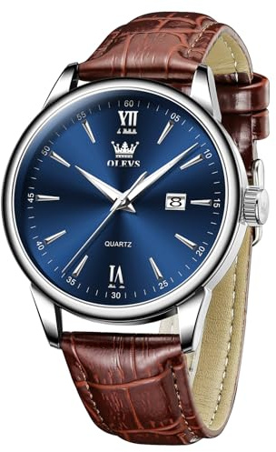 OLEVS Braun Herren Uhr Blau Zifferblatt Vintage Analog Kleid Herrenuhr Lederarmband Wasserdicht Herren Armbanduhren mit Datum Klassische Quarz Großes Männer Uhr Leuchtend Geschenke