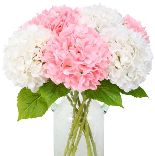 JUSTOYOU Flores de hortensia artificiales, 4 piezas de flores de hortensias realistas de doble color, tallo largo, 19.6 pulgadas, grandes ramos de hortensias falsas de tacto real para bodas, fiestas
