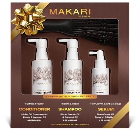 Makari Hair Care Set with Shampoo, Conditioner, Serum & Brush | Biotin, Black Castor Oil, Jojoba & Honey | Hydrates, Strengthens & Enhances Shine | Sulfate, Paraben & Silicone-Free