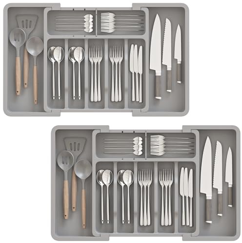 ABHENG Range Couverts, Paquet de 2, Organisateur d'ustensiles, Tiroir pour Ustensiles de Cuisine Extensible et Réglable,Porte-couteaux en plastique avec multiples compartiments,cuillères,Gris,AFD012G