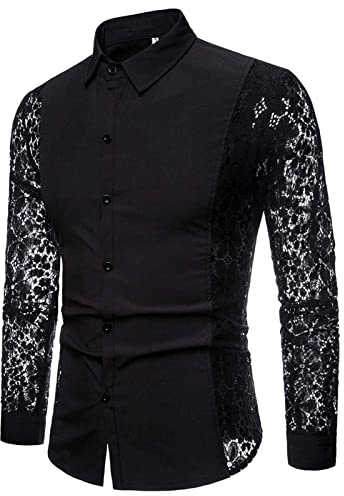 Maglia Trasparente, Camicia Nera Uomo Trasparente, Camicia Da Uomo Trasparente Con Fiori, In Pizzo, a Maniche Lunghe, Per Il Tempo Libero, Per Feste Camicia Trasparente Uomo Per Discoteca, Feste, Rave