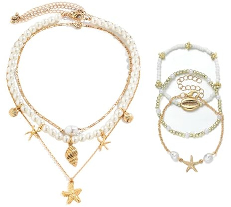 Guegine Starfih Necklace, Layered Pedat Necklace for Wome, Ocea Pedat Necklace Set, Starfih Shell Bracelet, Bohemia Style, Peroalized Fahio Jewelry for Girl ad
