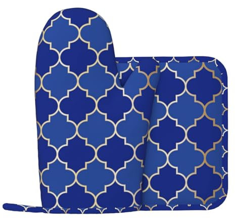 Juegos De Guantes De Horno Formas De Linternas De Rejilla De Oro Azul Guantes De Barbacoa Reutilizables Agarraderas De Cocina, para Cocinar, Hornear, Barbacoas