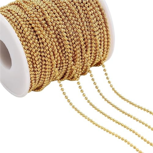 Catena di perline in acciaio inossidabile da 5 metri Catena a sfere da 1.5/2/2.5mm con tappo connettore regolabile Portachiavi fai da te Chiusura creazione di gioielli per collane, bracciali(Gold-1.2m