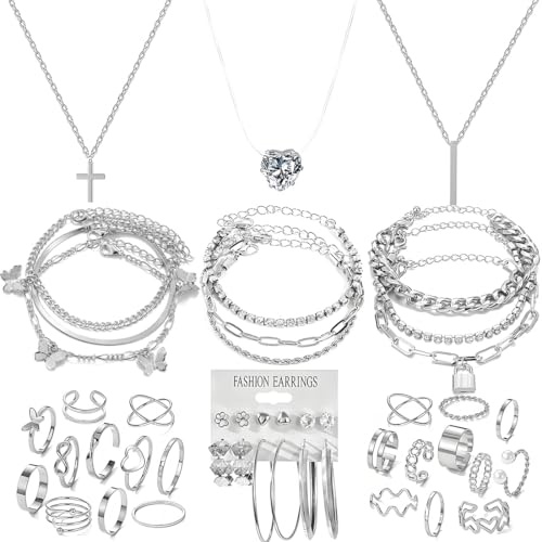 IXNEOP Silvery Plated Jewelry Sets for Women Fashion Costume Jewelry Necklace Bracelet Rings Earrings Set for Women Valentine's Day, Christmas, anniversaries, birthday parties