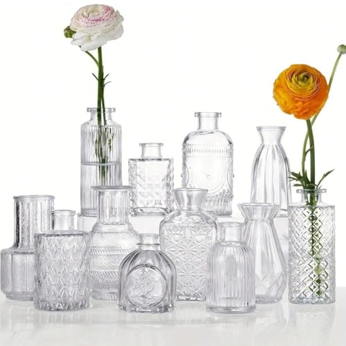 12PCS Glass Bud Vase - Mini Bottles Vases for Home Party Events - Clear Glass Vases for Wedding Table Decorations Centerpieces - Small Vintage Flower Vase in Bulk