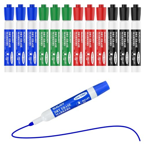 SUQJOY Whiteboard Pens, Dry Wipe Whiteboard Markers, Bullet Tip, Low Odour, Wipe Clean, Roll-Resistant Cap, 4 Colours, Pack of 12