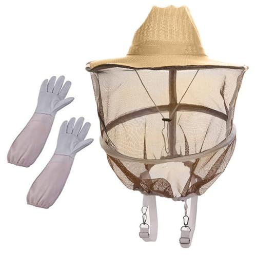 Housoutil Sombrero Profesional de Apicultor Velo Protector y Guantes Impermeables de Piel de Oveja para Apicultura Talla Única Transpirables y Resistentes para Uso Colmenas