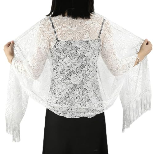 Foulard Femme Chic, Étole en Dentelle Floral avec Frange, Châle Léger pour Soirée et Mariage, Accessoire Mode pour Fêtes et Cérémonies