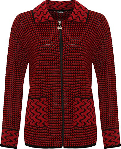 WearAll Women's Plus Womens Long Sleeve Knitted Cardigan Ladies Zip Pocket Leopard Collar Jumper Jacket - Red - 24-26