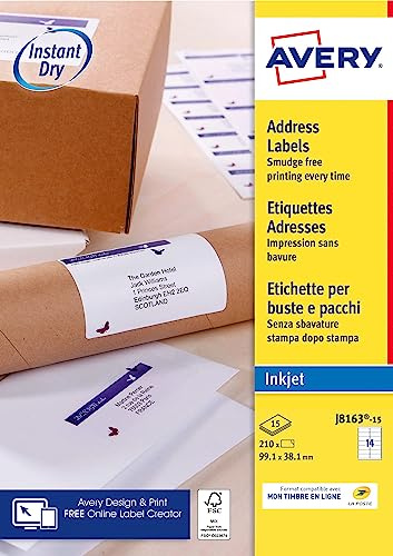 Avery Étiquettes Autocollantes Blanches 210 Pièces 99,1 x 38,1 mm J8163-15 - Feuille A4, Imprimante Jet d'Encre, Format Compact, Papier FSC, Compatible Mon Timbre en Ligne