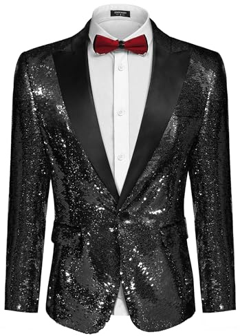 COOFANDY Men Glitter Sequin Blazer Jacket Slim Fit One Button Tuxedo with Pocket Pitch-Black