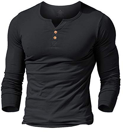 Camiseta Henley Slim Fit Manica Manga Larga Hombre con Botón Camisas Algodón Negro L