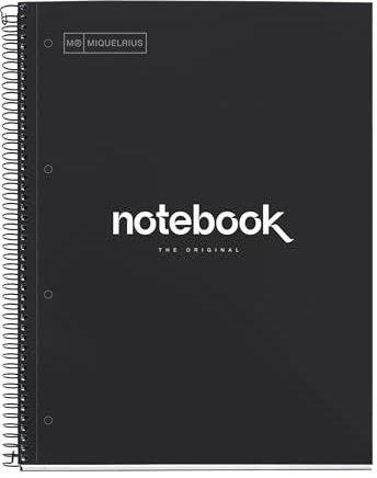 Miquelrius - Notizbuch A4 Notebook, 1 farbiger Streifen, 80 Blatt mit raster 5 x 5 mm, Papier 90 g/m² mikroperforiert mit 4 Bohrungen für 4 Ringe, Einband aus Karton, Farbe Schwarz
