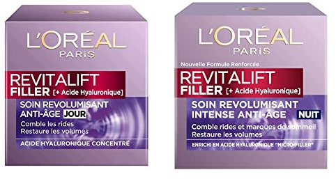 L'Oréal Paris - Revitalift Filler - Soin Anti-Âge Revolumisant - Crème de Jour Anti-Rides & Volume - 50 ml & Revitalift - Filler - Soin Nuit Revolumisant - Concentré en Acide Hyaluronique - 50 mL