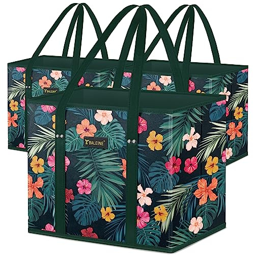 BALEINE 3Pk Reusable Grocery Bags, Foldable Shopping Bags for Groceries with Reinforced Bottom & Handles (Blossom Season)