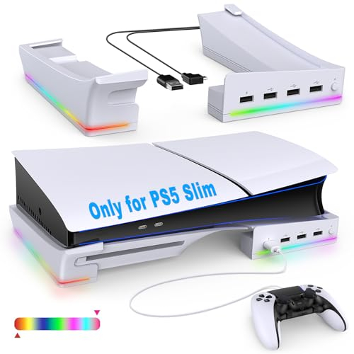 FASTSNAIL - Soporte horizontal con iluminación LED RGB para consola PS5 Slim/Pro,Base antideslizante con 4 puertos USB, accesorio para Playstation 5 Slim/Pro Disc&Digital Edition