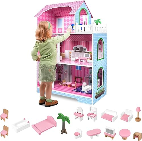 HENGMEI Casa de muñecas infantil de madera, juego de 3 pisos, casa de muñecas con muebles y accesorios, 70 x 30 x 100 cm, casa de muñecas para niños (tipo B)