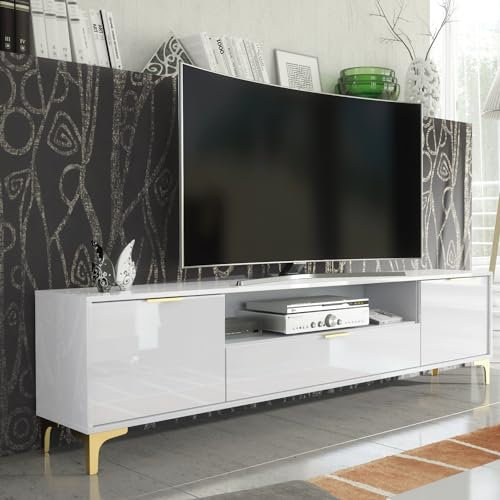 Creative Furniture TV Unit 200cm Luxury Modern Stand Cabinet White High Gloss & Gold Finish Accents, LUX002