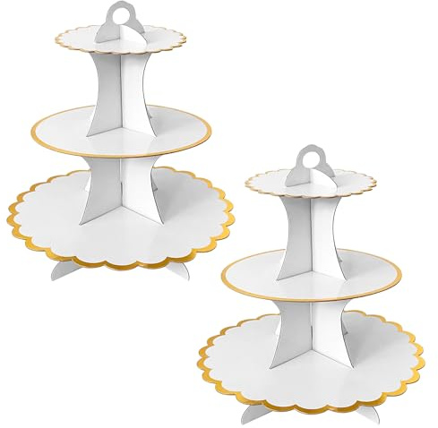 PYGHAP 2 Pack Cake Stand, Cardboard Cupcake Stand 3 Tier Dessert Holder Round Tower Cardboard Cake Stands for Christmas Birthday Wedding Easter Party Supplies (White)