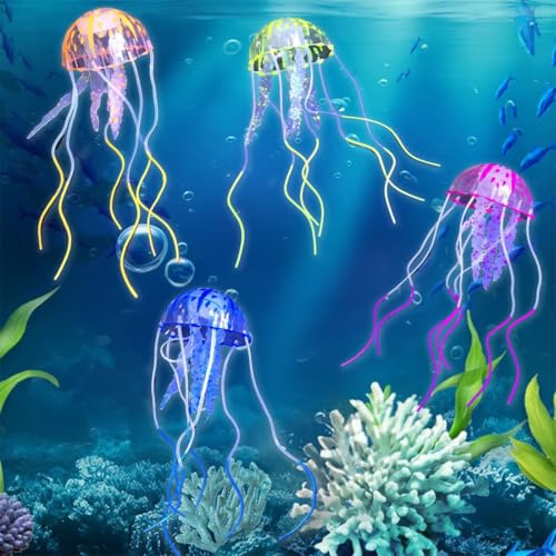 4 PCS Méduse Artificielle, Décoration Aquarium, Méduse Silicone, Méduse Lumineuse Fluorescence Méduse Aquarium Décoration Accessoires pour Aquarium Fish Tank